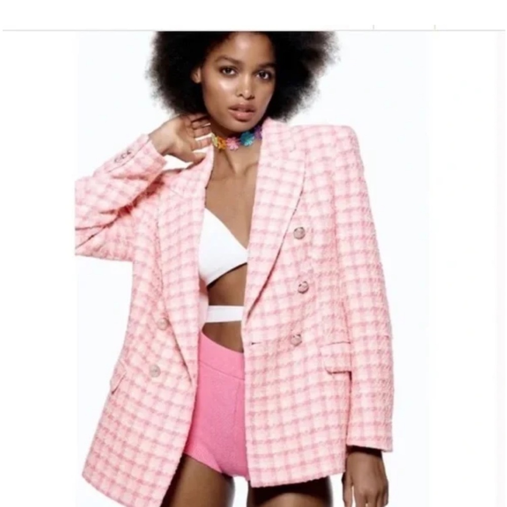 Pink Check Tweed Double-Breasted Blazer - Picture 9 of 9